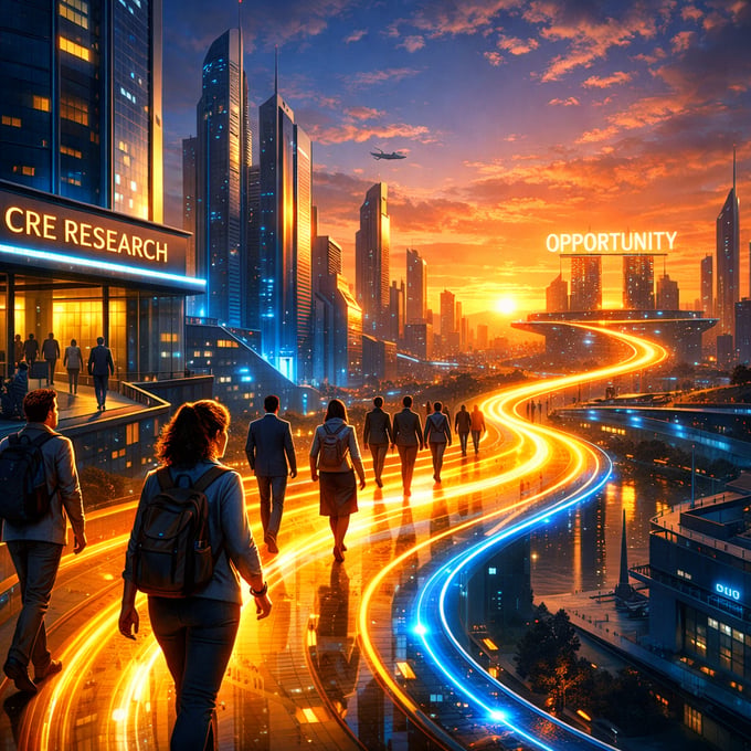 Visualize a futuristic cityscape where a glowing pathway winds through towering sleek buildings representing the fastest route from CRE Research to Op-1